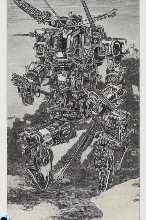 Prompt: 19th century wood-engraving of a Meiji era Japanese bipedal war mecha, whole page illustration from Jules Verne book, art by Édouard Riou Jules Férat and Henri de Montaut, high quality, beautiful, highly detailed, removed watermarks