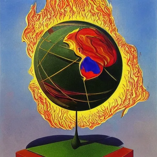 Image similar to a highly detailed painting of the world globe in flames, inspired by dali, matisse, klee, bosch, david hockney, trending on artstation, 4 k