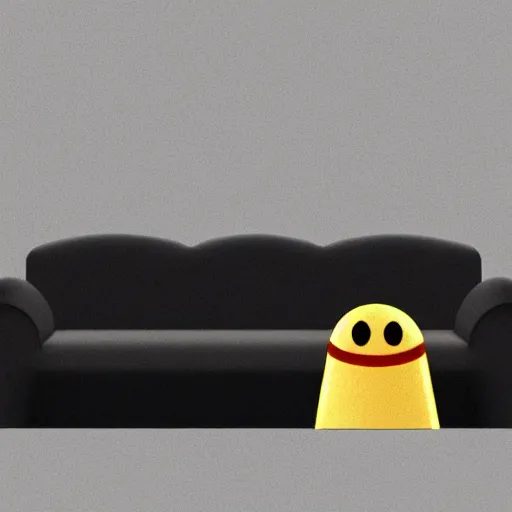 Image similar to photo of a scared anthropomorphic sofa, hiding behind humans, digital art