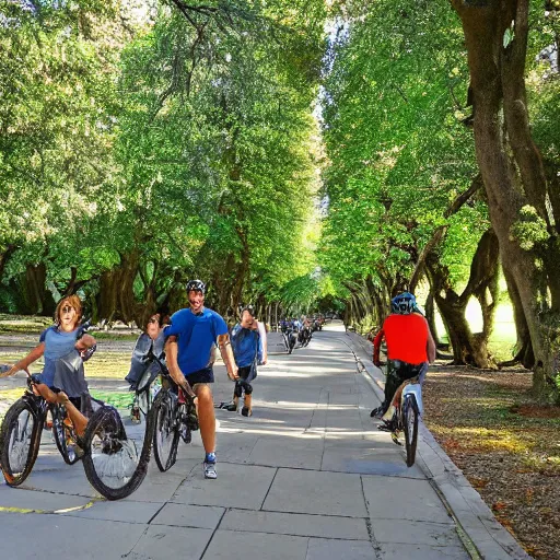Prompt: friends ride their bikes through a colonnade of trees