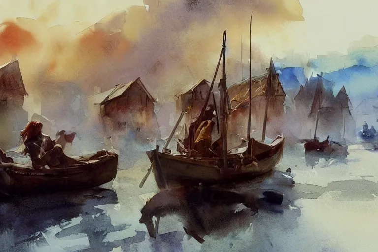 Prompt: paint brush strokes, abstract watercolor painting of rustic fishing village, viking age, ambient lighting, art by hans dahl, by jesper ejsing, art by anders zorn, wonderful masterpiece by greg rutkowski, cinematic light, american romanticism by greg manchess, creation by tyler edlin