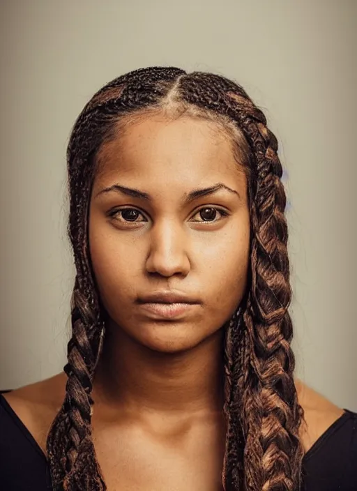 Prompt: portrait of a 2 3 year old woman, symmetrical face, braided hair, she has the beautiful calm face of her mother, slightly smiling, ambient light