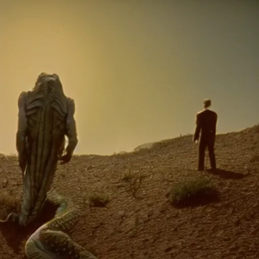 Prompt: movie scene of a man and a draconian humanoid on a space planet, reptil, reptilian, movie still, cinematic composition, cinematic light, criterion collection, reimagined by industrial light and magic, Movie by David Lynch and Ridley Scott