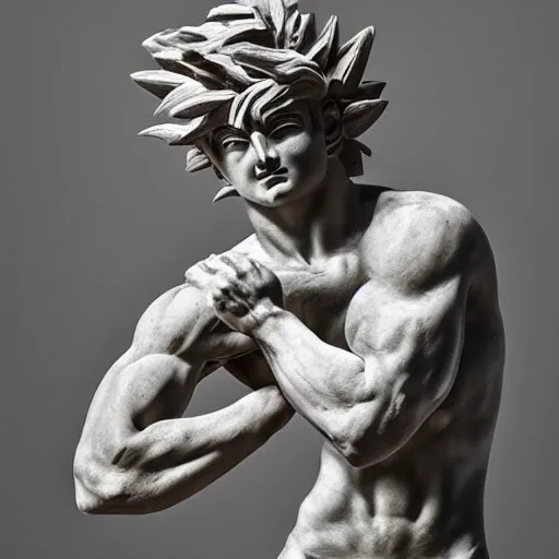 Prompt: photo of fragmented greek sculpture of Goku