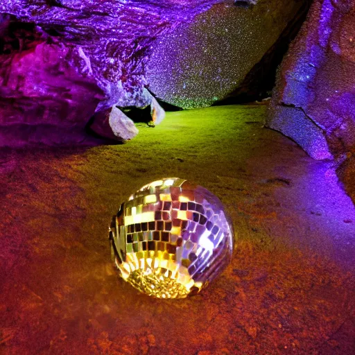 Prompt: disco ball illuminating a rocky cave