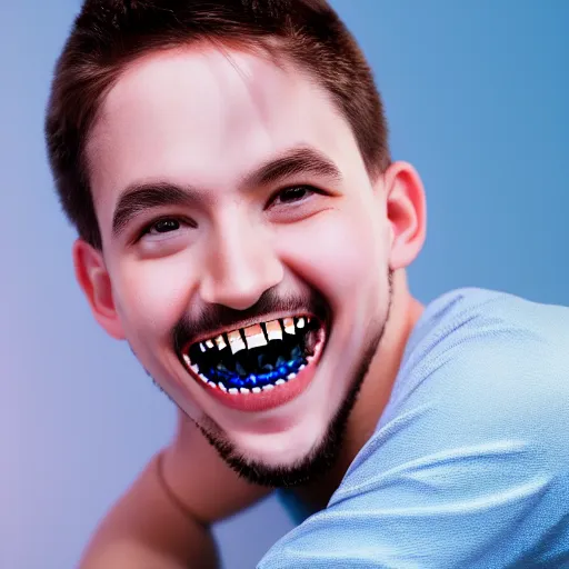 Prompt: a portrait of a person with braces on their teeth. the braces have rgb ambient lighting. digital art, 8 k, 4 k, ue 5