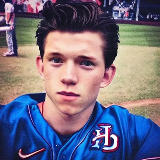 Image similar to “a realistic photo of a guy who is an attractive baseball player man who is part cyborg and part humanoid, who is a robot, Tom Holland”