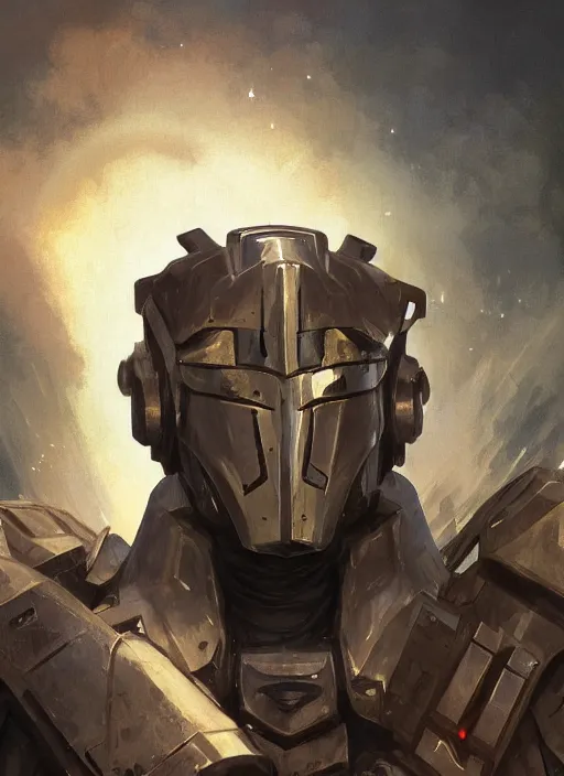 Image similar to medium-length portrait of a male paladin with short curly hair and a dark beard, dark brown skin, happy expression, wears a suit of power armor, gundam, medieval setting, highly detailed, digital painting, artstation, concept art, sharp focus, illustration, art by greg rutkowski and alphonse mucha