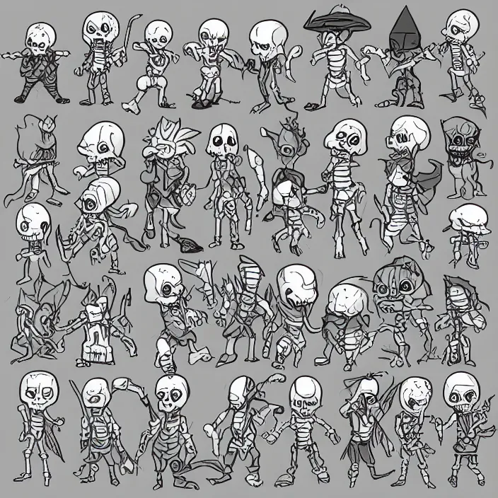 Image similar to spritesheet containing a chibi wizard and skeleton enemies of different magic types, colored lineart