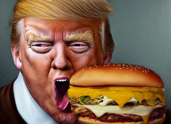 Image similar to realistic painting by jenny saville of!! donald trump!! licking a! cheeseburger!, art by jenny saville and tom bagshaw, detailed, sharp, smooth,! hamburger!