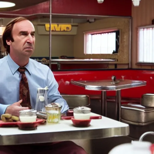 Image similar to saul goodman at a 5 0 s diner with red booths, still from breaking bad