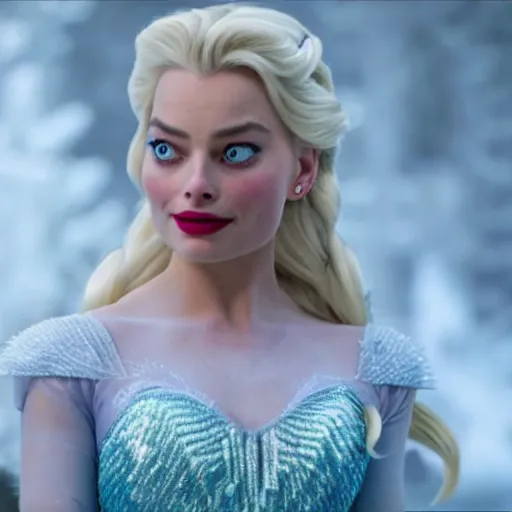 Image similar to Margot Robbie as Elsa in disney frozen live action, 8k full HD photo, cinematic lighting, anatomically correct, oscar award winning, action filled, correct eye placement,