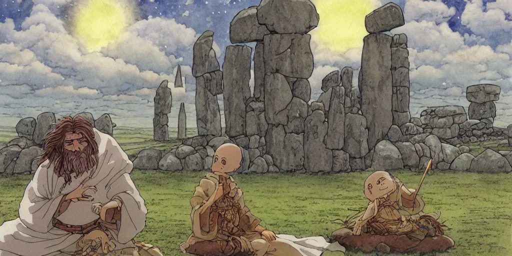 Prompt: a hyperrealist studio ghibli watercolor fantasy concept art of a giant long haired medieval monk in lotus position in stonehenge with a starry sky in the background. a giant ufo from independence day ( 1 9 9 6 ) is floating in the air. by rebecca guay, michael kaluta, charles vess