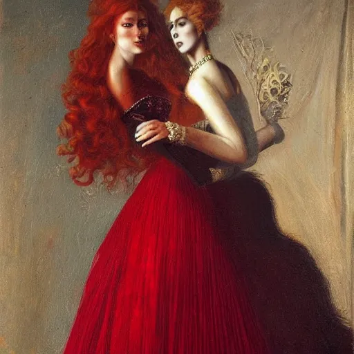 Prompt: portrait of a beautiful young long dress woman _ red _ haired duchess, woman, by cheval michael