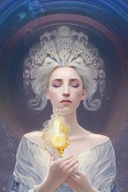 Prompt: portrait of white ghost, fantasy, gradient white blue grey, dreamy and ethereal, blue eyes, golden ratio, peaceful expression, ornate frilly dress, fantasy, intricate, elegant, rainbow bubbles, highly detailed, digital painting, artstation, concept art, smooth, b sharp focus, illustration, art by artgerm and greg rutkowski and alphonse mucha