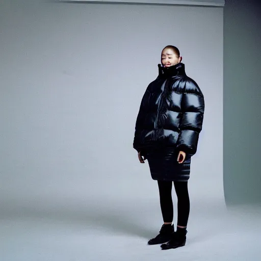 Image similar to realistic photoshooting for a new balenciaga lookbook, color film photography, portrait of a blonde asian woman, model wearing a puffer jacket, photo in style of tyler mitchell, 3 5 mm,