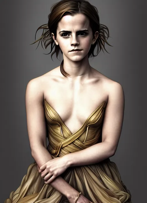 Image similar to emma watson sansan suicide realistic,, surealism, aesthetic, shiny, fantasy, intricate, elegant, extremely higly detailed, digital painting, artstation, body symmetrical anatomy, baroque, concept art, photoshop, krita, smooth, sharp focus, full body focus, illustration, digital painting, art by artgerm and greg rutkowski and alphonse mucha