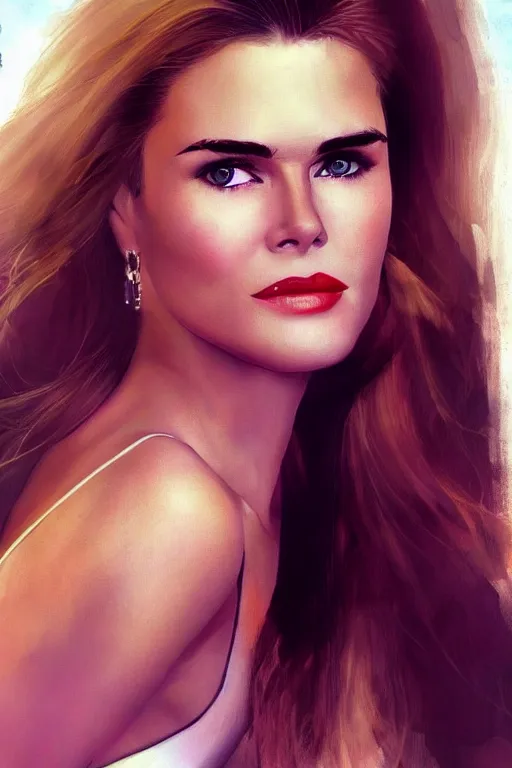 Image similar to mix of beautiful young maria shriver, mariel hemmingway, brooke shields, nicole kidman and elle macpherson as a young bikini model, thin lips, hair tied up in a pony tail, dark blonde hair, colorful, artstation, cgsociety