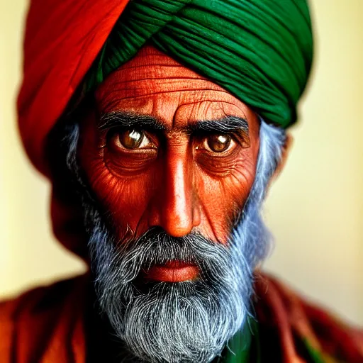 Prompt: portrait of woodrow wilson as afghan man, green eyes and red turban looking intently, photograph by steve mccurry