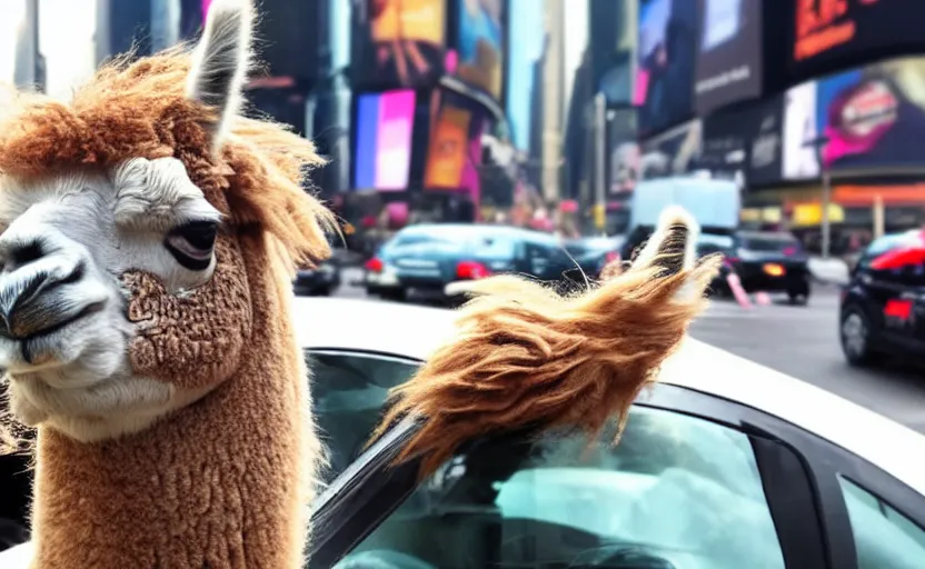 Prompt: a old photo of alpaca sitting in a car, looking out of the window and his hair is flying in the wind, riding through times square 8 k