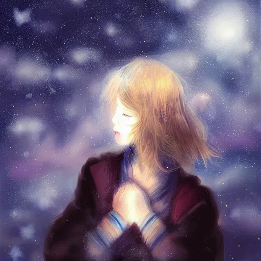Prompt: girl crying, stars in the sky, cold weather, emotional oil painting, digital art, trending on artstation, by Yoshitaka Amano