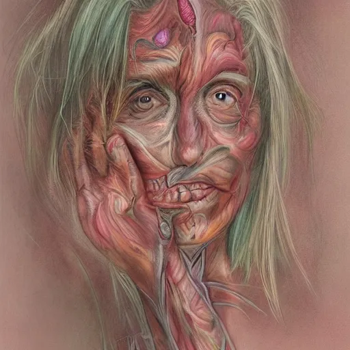 Image similar to beatifull frontal face portrait of a woman, 150 mm, anatomical, flesh, flowers, mandelbrot fractal, facial muscles, veins, arteries, symmetric, intricate