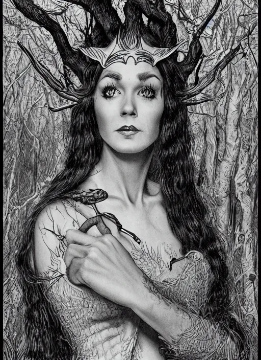 Prompt: portrait of wanda woodward as a forest elf, D&D, fantasy pen and ink by virgil finlay, trending on artstation, HD, intricate, masterpiece, concept art, character design