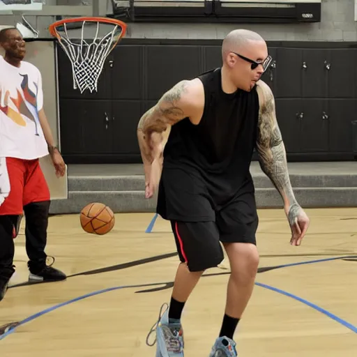 Prompt: anthony fantano playing basketball with kanye west