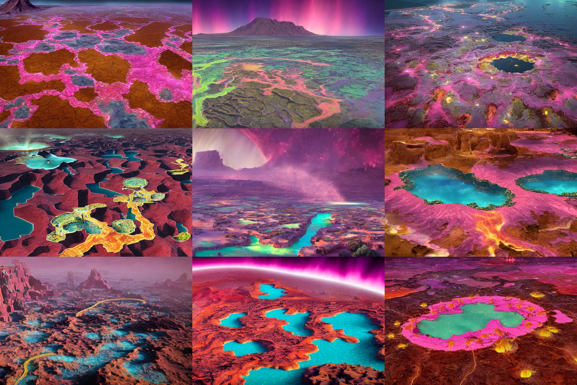 Prompt: las vegas strip on danakil depression of the place with acid pools by hindenburg aircraft disaster during autumn season on an interstellar aurora borealis of waimea canyon on kauai, pink waterfalls, lush, by peter mohrbacher, james jean, james gilleard, greg rutkowski, rule of thirds, octane render, beautiful