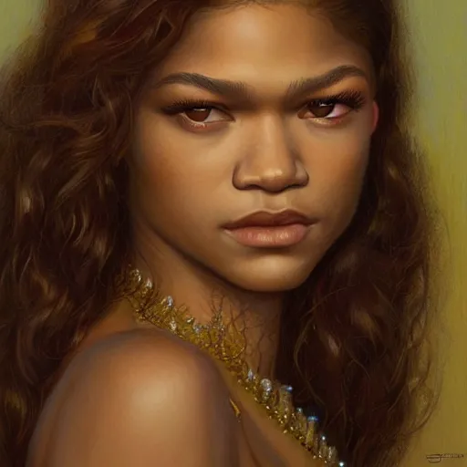 Prompt: zendaya on the red carpet, closeup portrait art by donato giancola and greg rutkowski, realistic face, digital art, trending on artstation, symmetry!!