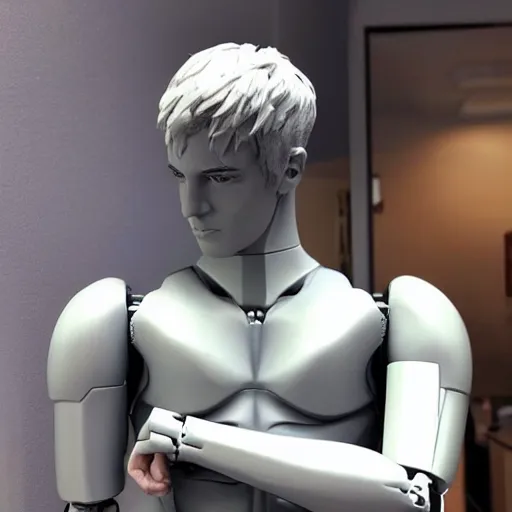 Image similar to “a realistic detailed photo of a guy who is an attractive humanoid who is half robot and half humanoid, who is a male android, twitch streamer and youtuber Ninja Tyler Blevins, shiny skin, posing like a statue, blank stare”