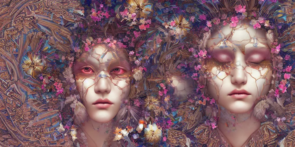 Image similar to breathtaking detailed concept art painting kaleidoscope art deco pattern of blonde faces goddesses amalmation flowers, by hsiao - ron cheng, bizarre compositions, exquisite detail, extremely moody lighting, 8 k