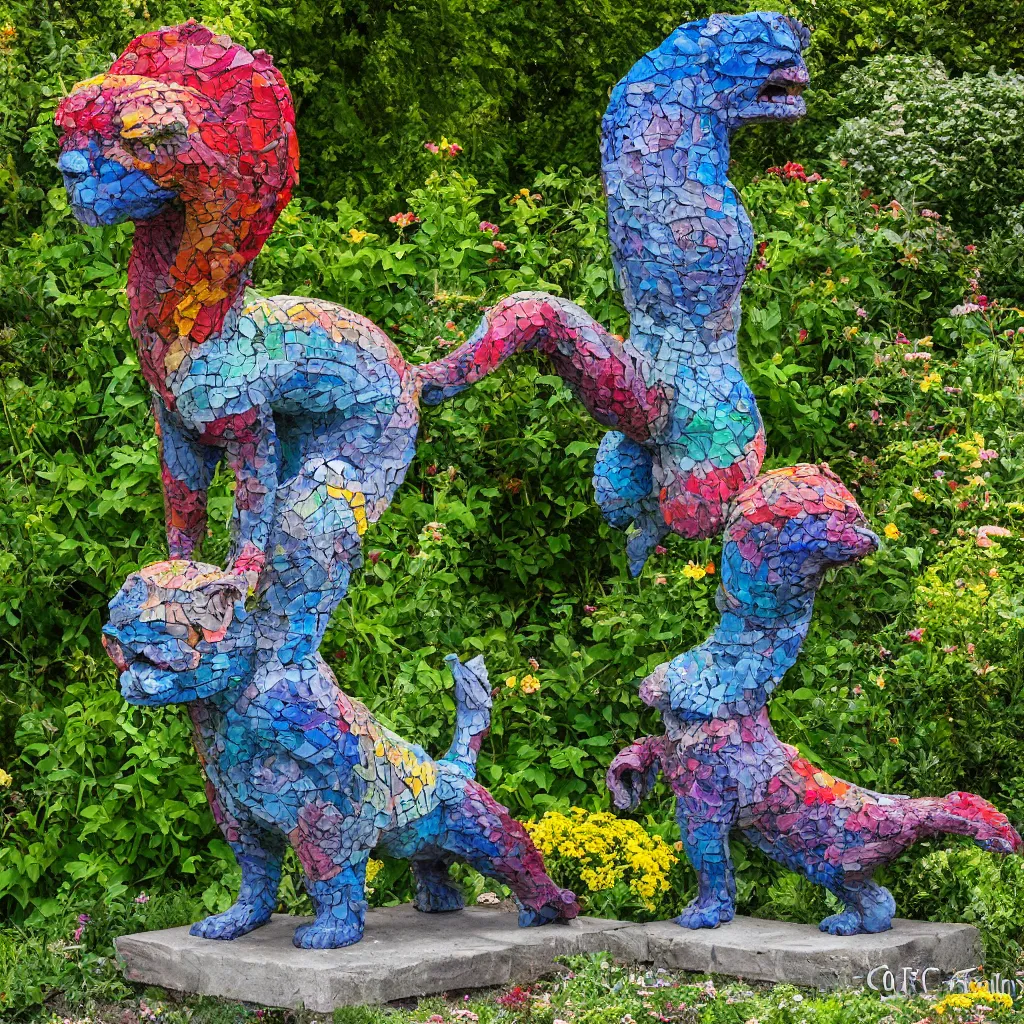 Image similar to folk art garden sculptures in an english cottage garden, cottagecore flower garden, concrete sculpture of a manticore, colorful mosaic, color blocking, sculpture by wouterina de raad!!!, art by james tellen, highly detailed, realistic anatomical proportions, textured hand built concrete sculpture, amazing concrete sculpture, 4 k