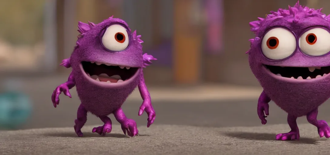 Image similar to a cinematic image of a cute and adorable pixar monster, 4k, 100mm, full monster in frame