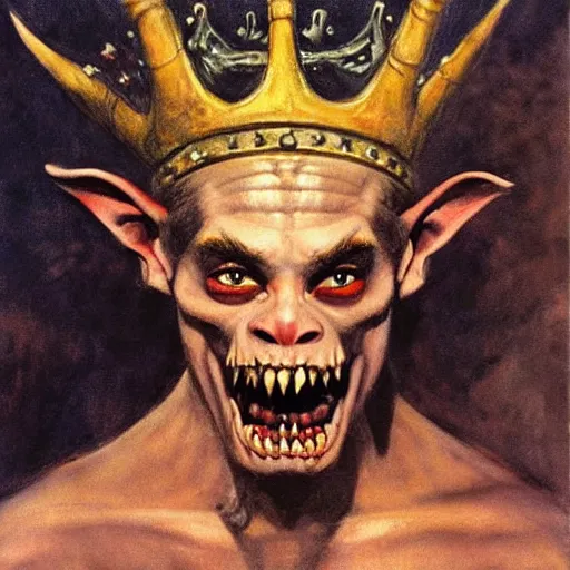 Image similar to The goblin king wearing a bone crown, painting by Frank Frazetta, detailed, 4k