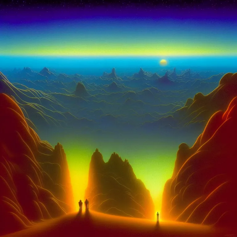 Image similar to astral travel mysterious desert canyon at night, infinite sky, synthwave, bright neon colors, highly detailed, cinematic, tim white, michael whelan, roger dean, bob eggleton, lisa frank, vladimir kush, kubrick, kimura, isono