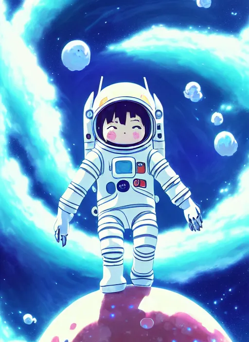 Image similar to portrait of cute kawaii astronaut android floating around a large biomechanical kaiju dragon, nebulous background of dynamic space, a dramatic composition by wlop and greg rutkowski and makoto shinkai and studio ghibli and kyoto animation cute bubbly clothing