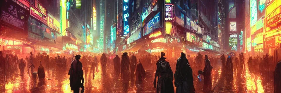 Prompt: overly crowded street of a cyberpunk city, rain, harsh neon lights, highly detailed, digital painting, trending on artstation, concept art, sharp focus, illustration, art by artgerm and greg rutkowski and magali villeneuve