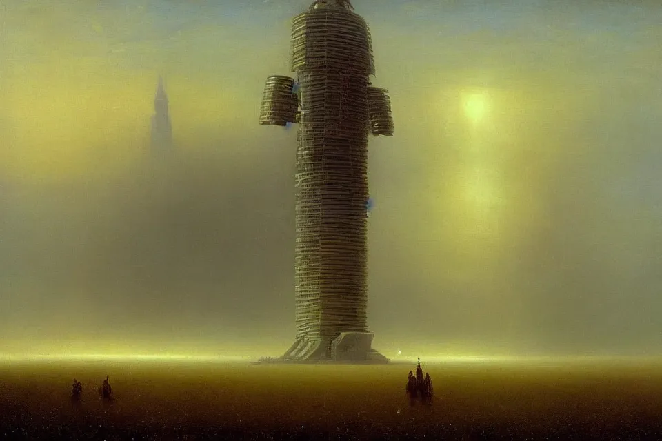 Prompt: sci-fi painting of a very large alien city, skyscraper, on the vast wheat fields, only one humanoid robot on the ground, by Ivan Aivazovsky, godrays, detailed