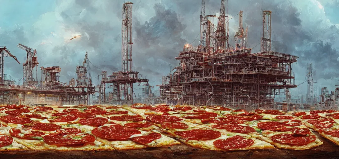 Prompt: an oil rig made of pizza, 80s style, intricate, hyper detailed, 8k, james gurney, greg rutkowski, john howe, artstation