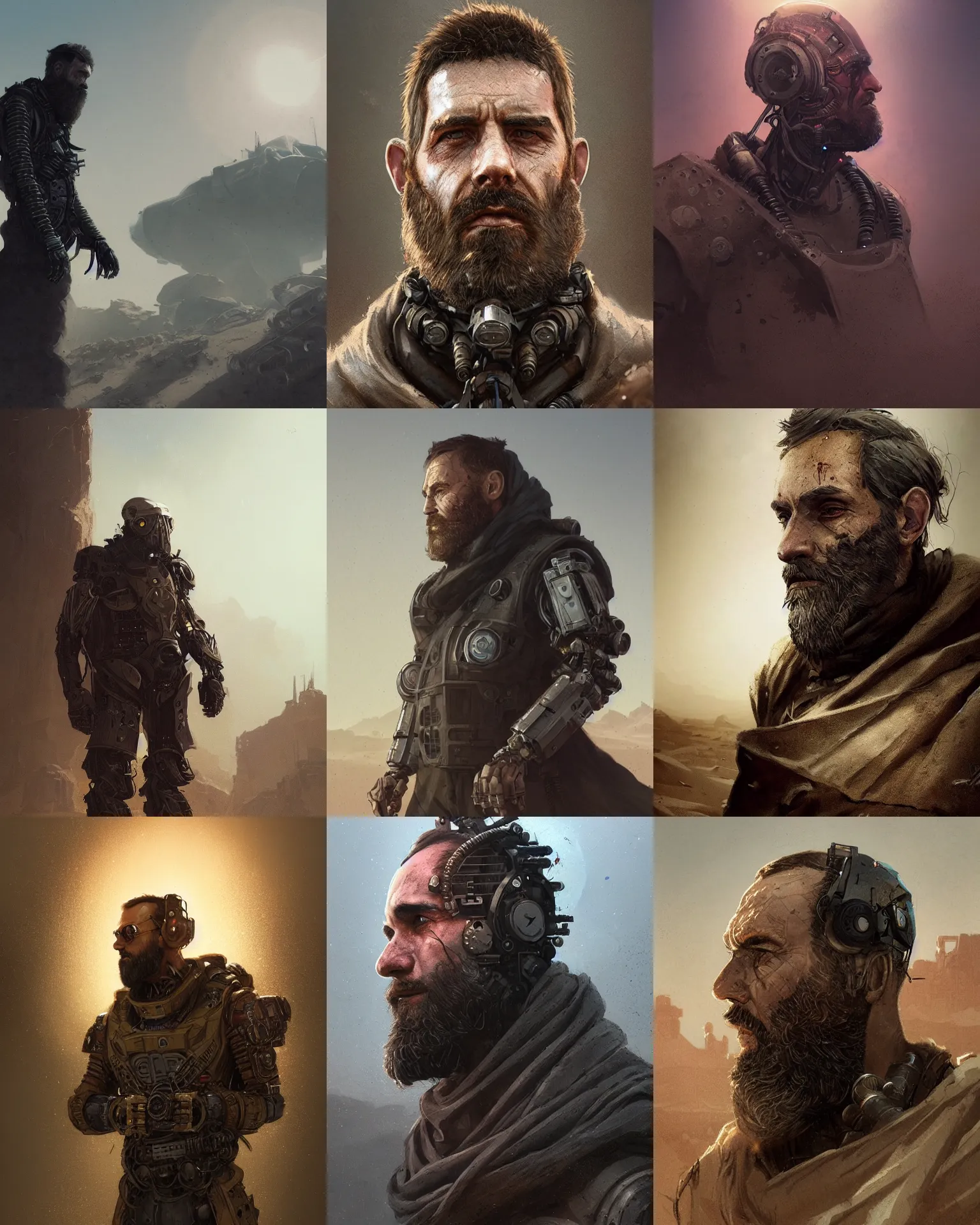 Prompt: a bearded rugged engineer man with cybernetic enhancements and a cloak lost in the desert, scifi character portrait by greg rutkowski, esuthio, craig mullins, 1 / 4 headshot, cinematic lighting, dystopian scifi gear, gloomy, profile picture, mechanical, half robot, implants, steampunk