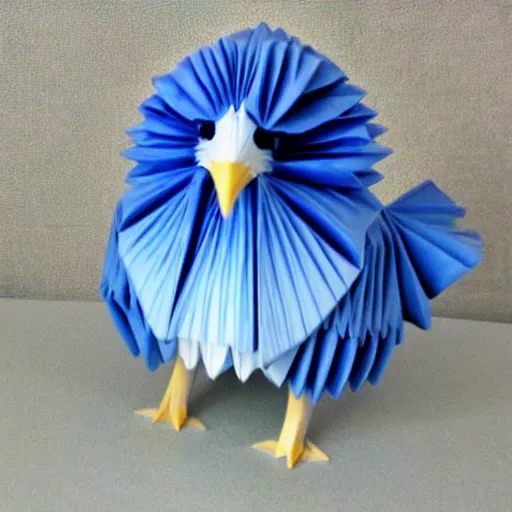 Image similar to beautiful, glorious porcelain origami chicken emperor, blue and silver colors, 3 d rtx hd