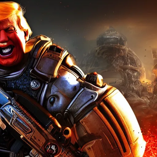 Image similar to donald trump as a clown in gears of war, splash art, movie still, cinematic lighting, ray tracing, detailed face, octane render, long lens, shallow depth of field, bokeh, anamorphic lens flare, 8 k, hyper detailed, 3 5 mm film grain