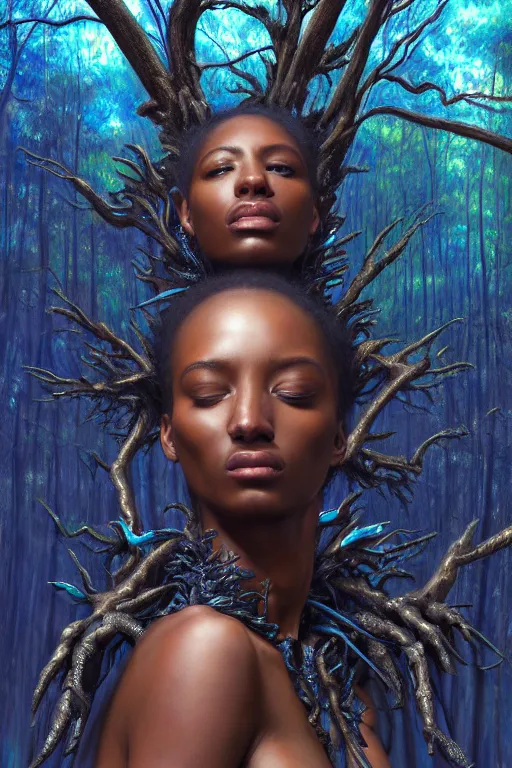 Prompt: hyperrealistic post - baroque super expressive! black woman with exoskeleton armor, merging with tree in a forest, highly detailed digital art masterpiece smooth cam de leon eric zener dramatic pearlescent blue teal light ground angle hd 8 k sharp focus