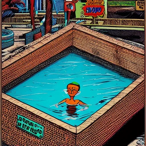 Prompt: big pool sunk in the ground like a damn garbage can, in the style of ron english, in the secondary style of matt bors, by david wojnarowicz, shock art, poster art, 8 k concept art, trending on behance