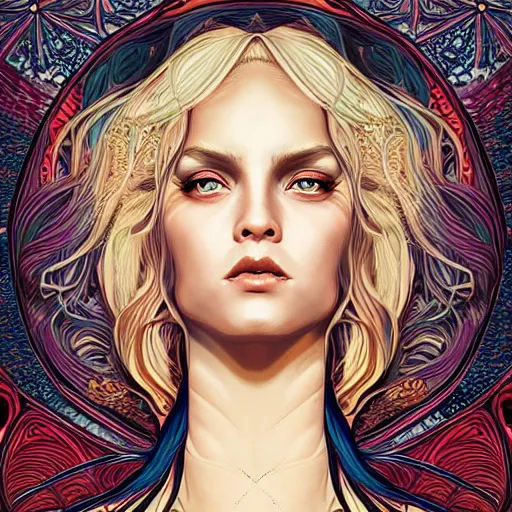 Prompt: head-on symmetrical centered painted portrait, warrior princess, voluminous blonde hair, art nouveau, fractal tarot card style, masterpiece, fantasy, intricate, elegant, highly detailed, smooth, sharp focus, illustration, artstation, in the style of Artgerm and Anna Podedworna and Alex Ross and Mucha