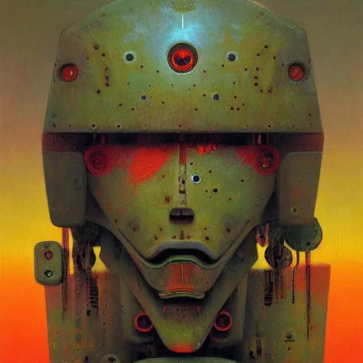 Image similar to portrait of a colourful tribal mecha robot, painting by zdzislaw beksinski,