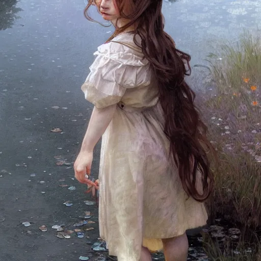 Image similar to a full body portrait of medieval child girl in a river, intricate, elegant, highly detailed, digital painting, artstation, concept art, smooth, sharp focus, illustration, art by krenz cushart and artem demura and alphonse mucha