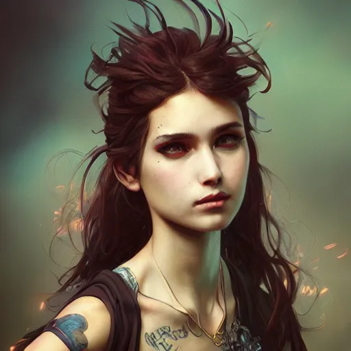 Image similar to highly detailed portrait of a punk young lady by by Artgerm,Greg Rutkowski,Alphonse Mucha, 4k resolution