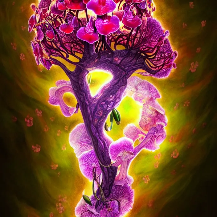 Image similar to extremely psychedelic organic embryo made of orchid and cherry blossom tree and mushroom, LSD embryo, diffuse lighting, fantasy, intricate, elegant, highly detailed, lifelike, photorealistic, digital painting, artstation, illustration, concept art, smooth, sharp focus, art by John Collier and Albert Aublet and Krenz Cushart and Artem Demura and Alphonse Mucha